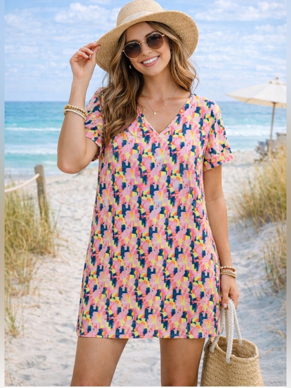 Buddy Love Pink and Green Graphic Mini Dress lined short sleeve neon fun bold